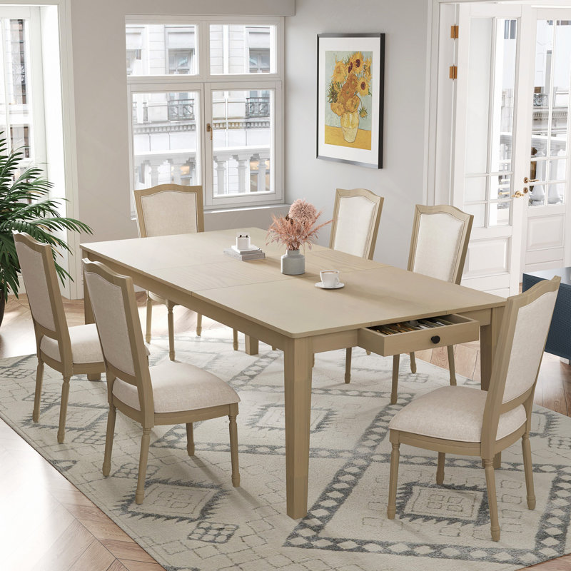 Ensemble de table de salle à manger extensible 78,1 pouces Rustic 7 pièces avec rallonge amovible de 18 pouces, 6 chaises de salle à manger rembourrées, 2 tiroirs intégrés, naturel