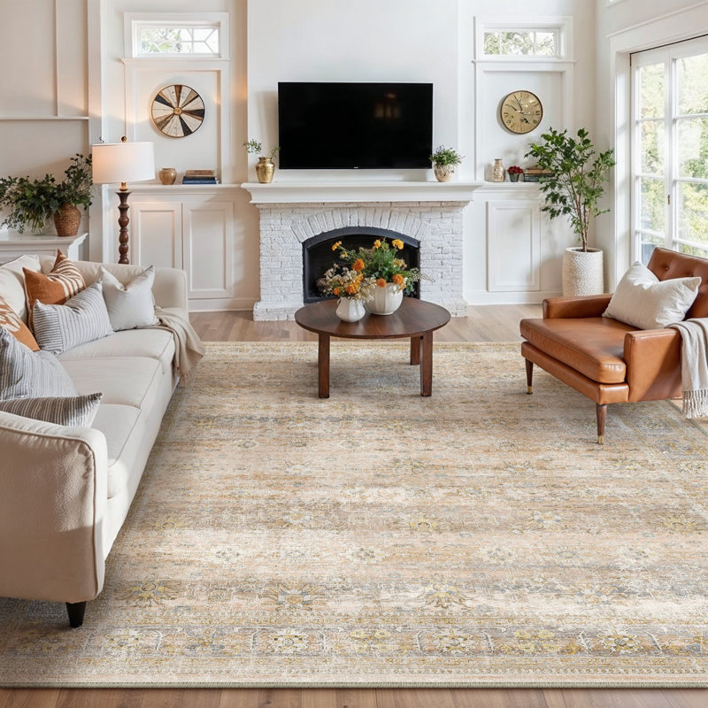 Ladonya Vintage Washable Beige Area Rug with Non-Slip Backing, Rectangle 8' x 10'