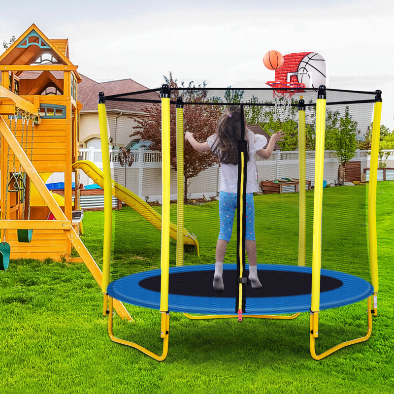 Trampoline de jardin rond de 5,5 pi avec enceinte de sécurité Creationstry, Jaune, Jaune