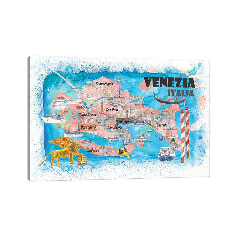 Venice Italy Illustrated Map With Main Canals Landmarks And Highlights by Markus & Martina Bleichner - Wrapped Canvas Painting