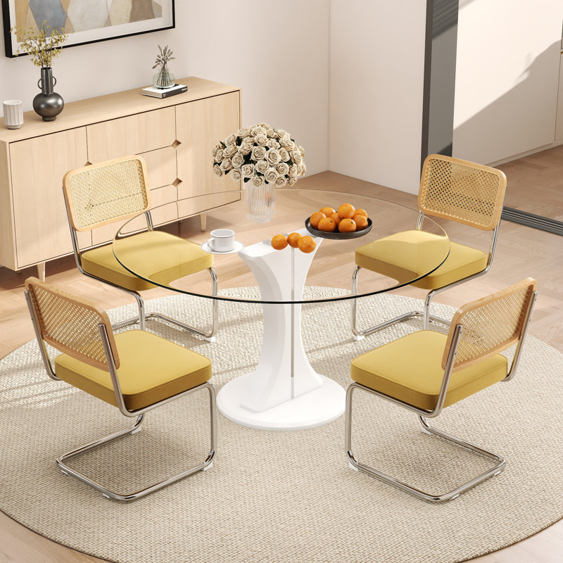 Ensemble de table de salle à manger haute brillance avec chaises en velours, Argenté / blanc, 5 Pieces: Table, 4 Chairs
