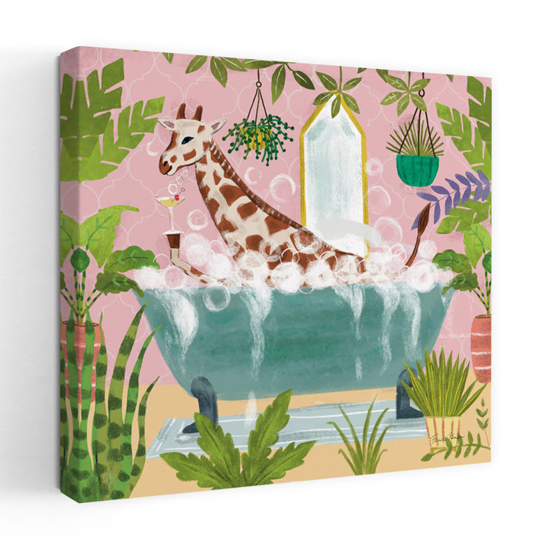 Art contemporain de bain girafe dans une baignoire avec des animaux, H 18 po x l 18 po