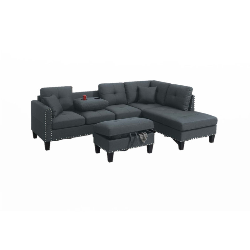 Living Room Furniture 3-PCS Sectional Sofa, Charcoal Fabric