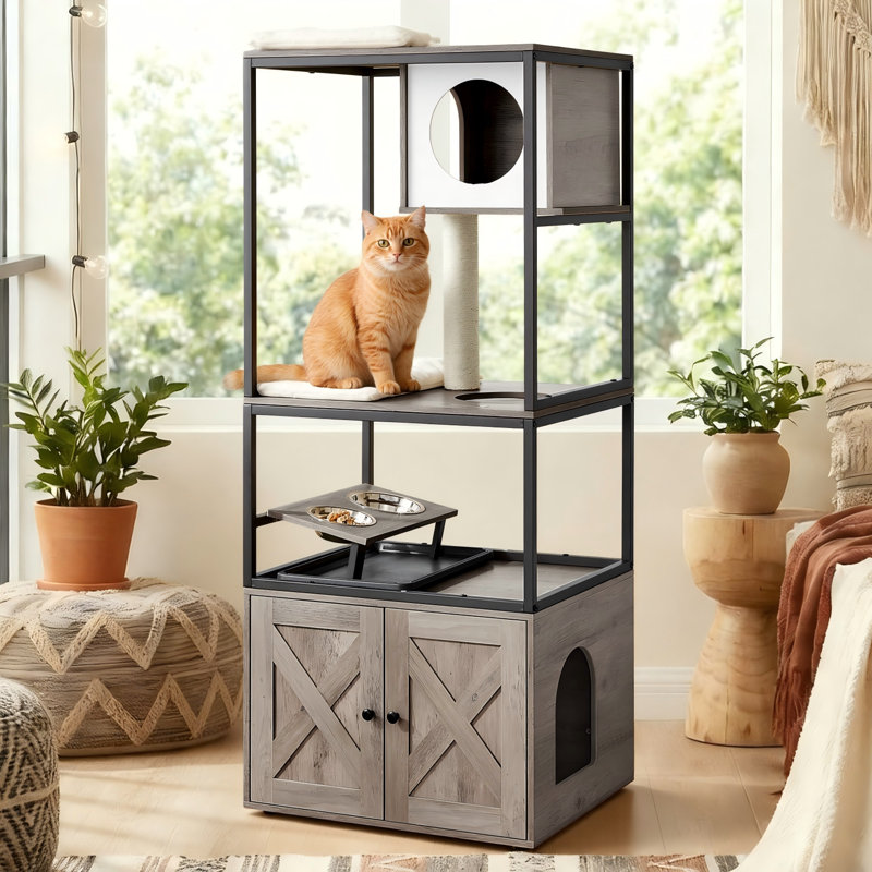 Maisonnette pour chat 58 po avec bac à litière et bols surélevés Kimmel, Greige / noir
