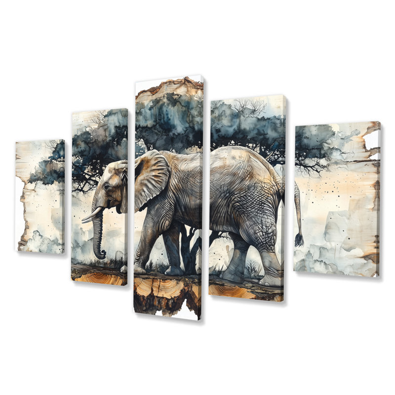 Éléphant sous le baobab, diapositive en bois IV - éléphant, art mural - décoration murale moderne