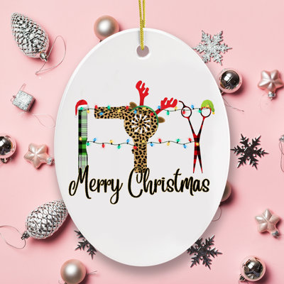 Ornement en forme de joyeux Noël coiffeur à carreaux (ovale)