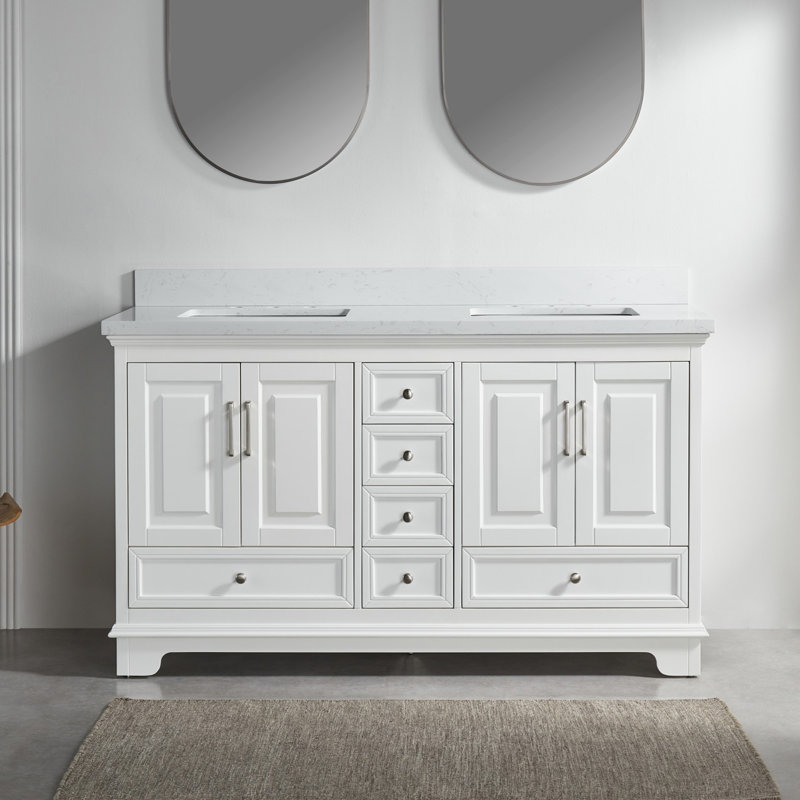 Premium Solid Wood Double Vanity with Marble Sink, Modern White