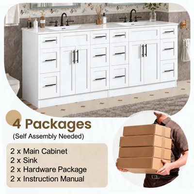 Meuble-lavabo double autoportant 95,66 po avec deux lavabos SMC, tiroirs à fermeture en douceur et portes