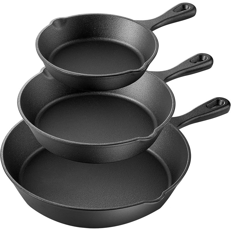 Ensemble de poêles en fonte 3 pièces pré-assaisonnées - poêles à frire robustes pour faire sauter, saisir, cuire et cuire au four, et répartir uniformément la chaleur