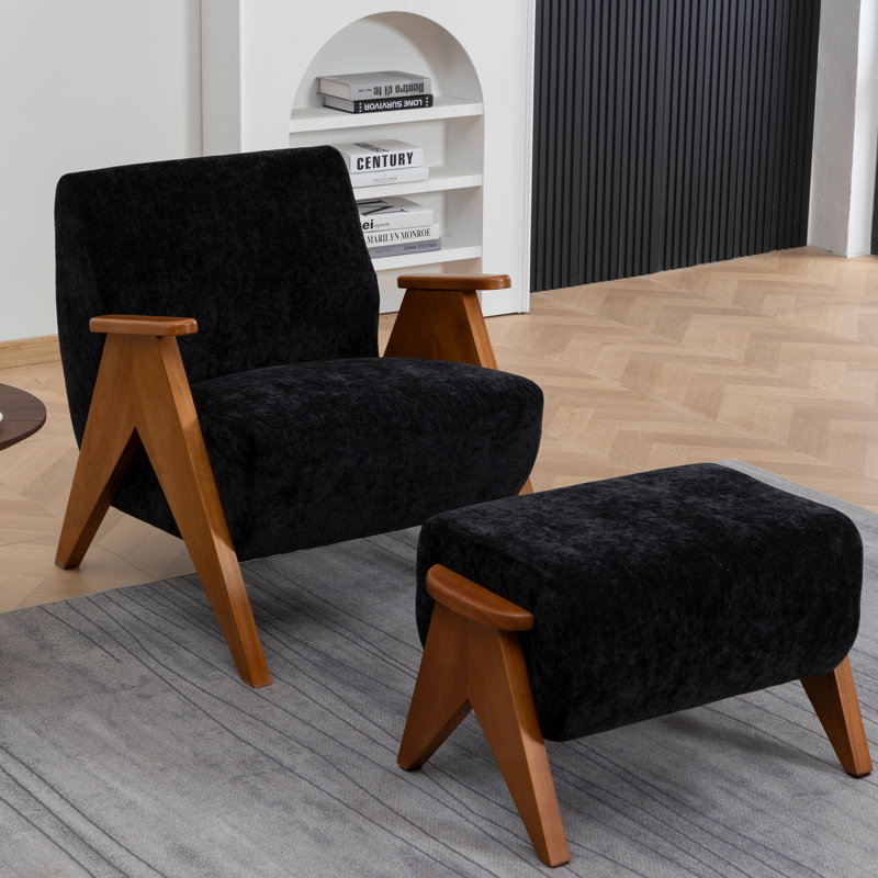 Upholstered Armchair with Footstool, Black, 1