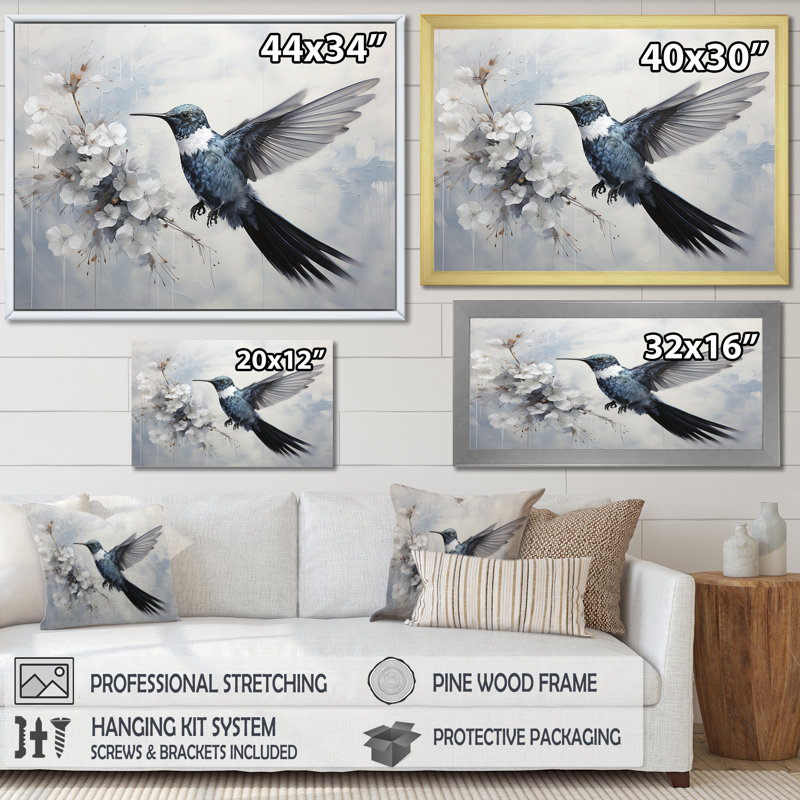 Colibri harmonie florale I sur toile, Cadre flottant noir, H 24 po x l 32 po x P 1 po