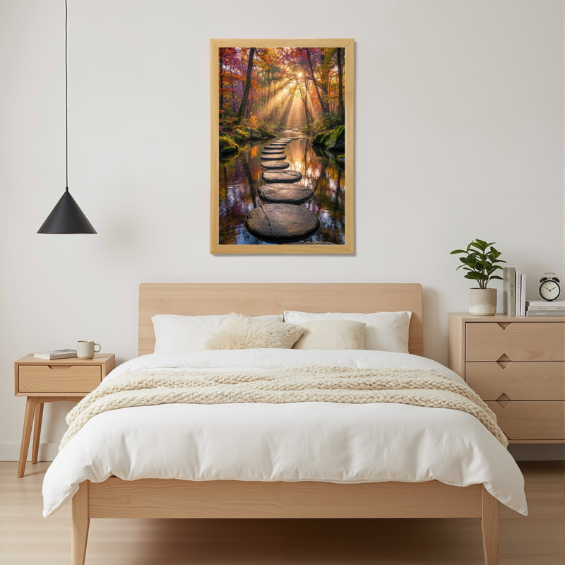 Toile naturelle encadrée en bois naturel, pour le salon, la chambre à coucher, le bureau ou le vestibule - décoration murale décorative avec sentier forestier