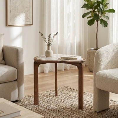 Contemporary Layered Round Marble Top And Mango Wood Side Table For Living Room - Modern Accent Table With Narrow End Profile For Sofa Side - Brown