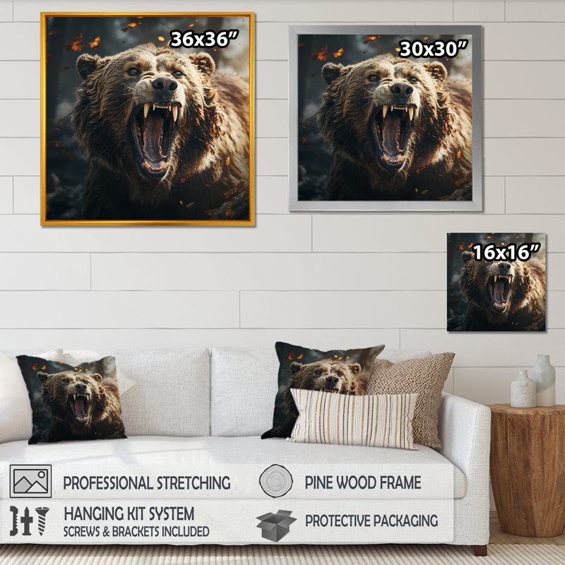Représentation expressionniste d'un ours sur toile, H 30 po x l 30 po x P 1 po, Encadrement doré
