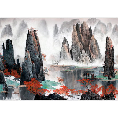 Murale encre, paysage brumeux et eau