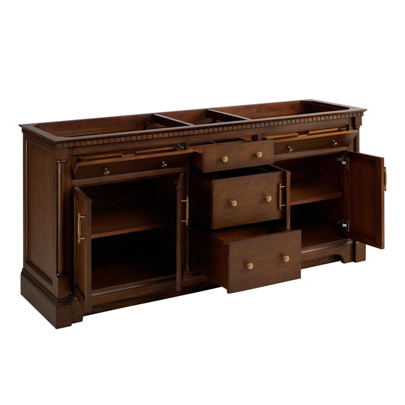 Claudia 72" Freestanding Mahogany Double Basin Vanity Set with Cabinet, Vanity Top, Feathered White Quartz, Antique Brass