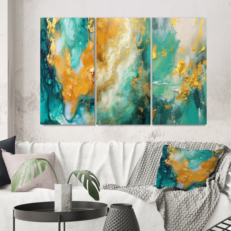 Golden Ocean Waves Turquoise Abstract III - ensemble de 3 reproductions, Toile tendue, H 20 po x l 36 po