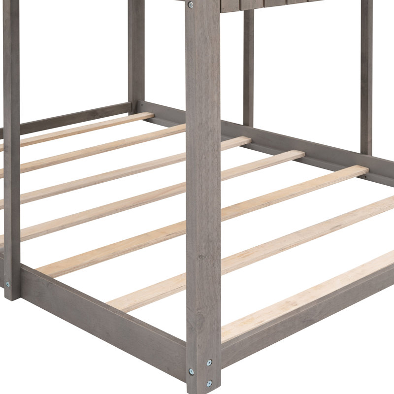 Lit superposé avec toit et garde-corps - Idéal pour la chambre à coucher Le bois massif gris antique offre une expérience de sommeil confortable