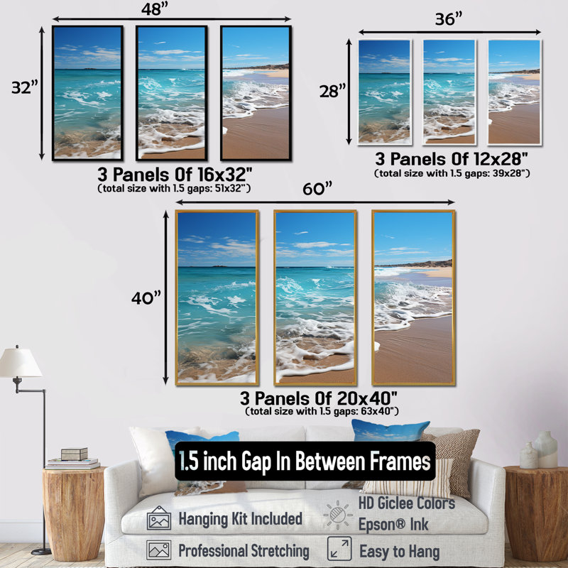«Oceanic Beach Harmony I» - ensemble de reproductions d'art mural côtier, H 40 po x l 60 po x P 1 po, Cadre flottant blanc