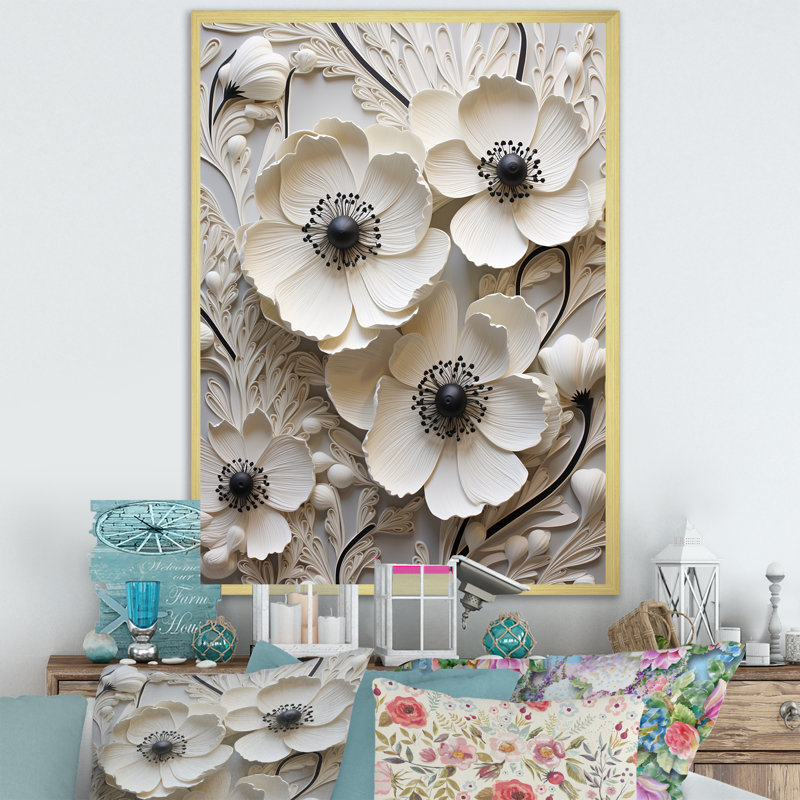 Décoration murale blanche renoncules blancs sur beige II - renoncules, Cadre doré simple, H 20 po x l 12 po x P 1 po