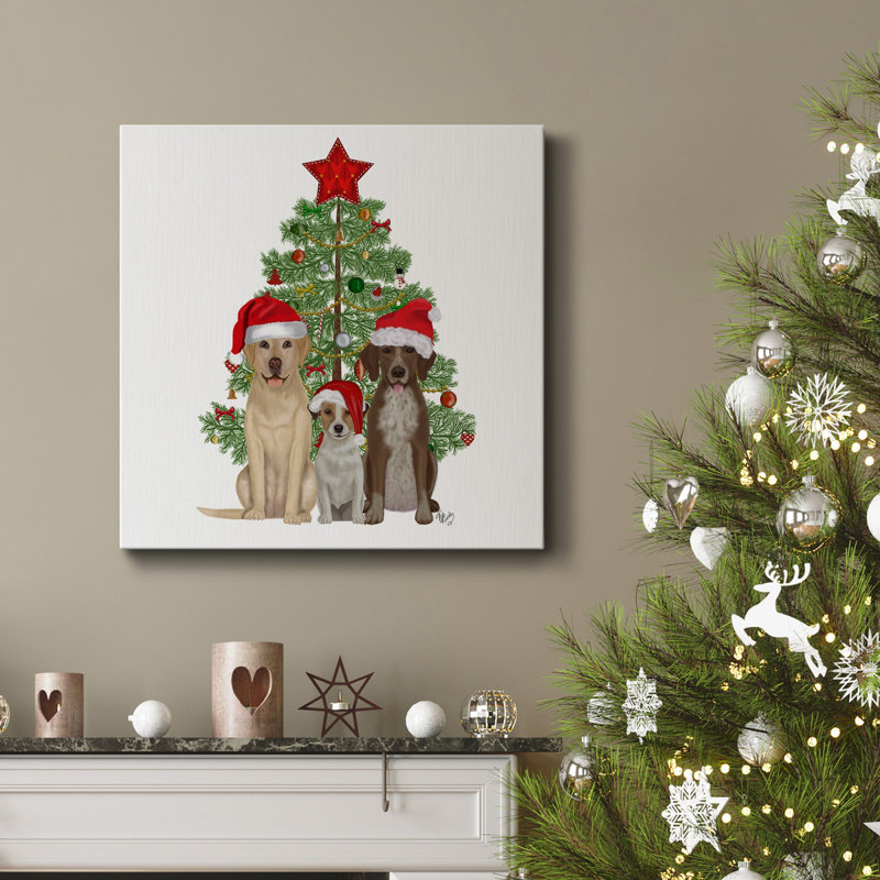 Christmas Des - Dog Trio Christmas Tree - Toile tendue avec châssis de qualité supérieure - Prêt à être accroché