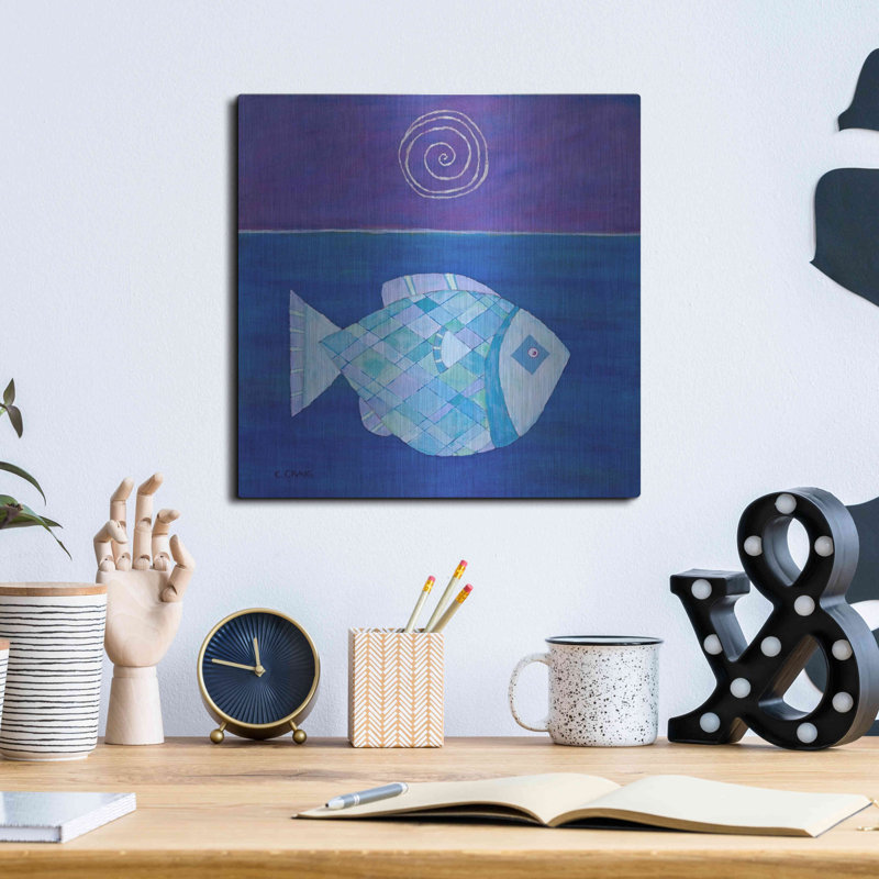 Beachcrest Home ™, art mural en métal «Fish with Spiral Moon» par Casey Craig, H 12 po x l 12 po