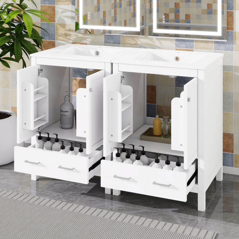 Meuble-lavabo de 48 po avec lavabo, armoire de rangement avec portes à fermeture en douceur, tiroir divisé et tablette de porte double couche