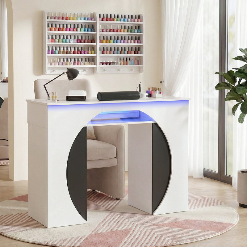 Bureau de manucure bicolore avec grand rangement, lumières DEL intégrées, collecteur de poussière et repose-poignet ergonomique, table multifonctionnelle pour le salon.