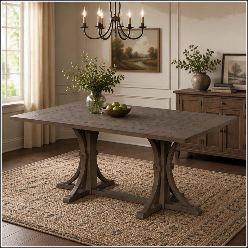Table de salle à manger en bois massif avec base à tréteaux et pieds courbés, Espresso