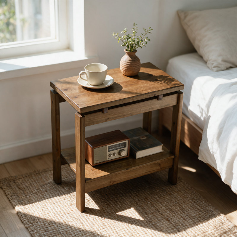 Table d'appoint en bois massif, petite table de chevet à 2 niveaux, 1