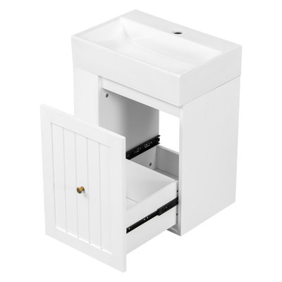 Meuble-lavabo de 20 pouces avec lavabo en céramique, armoire de rangement en panneau de fibres à densité moyenne avec tiroir, tablette latérale et poignée dorée - meuble-lavabo moderne pour les petites salles de bain