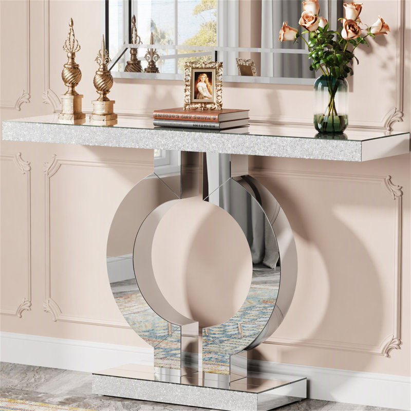 Console miroir de 109 cm (43 po), table d'appoint argentée moderne avec base en forme de O, Silver