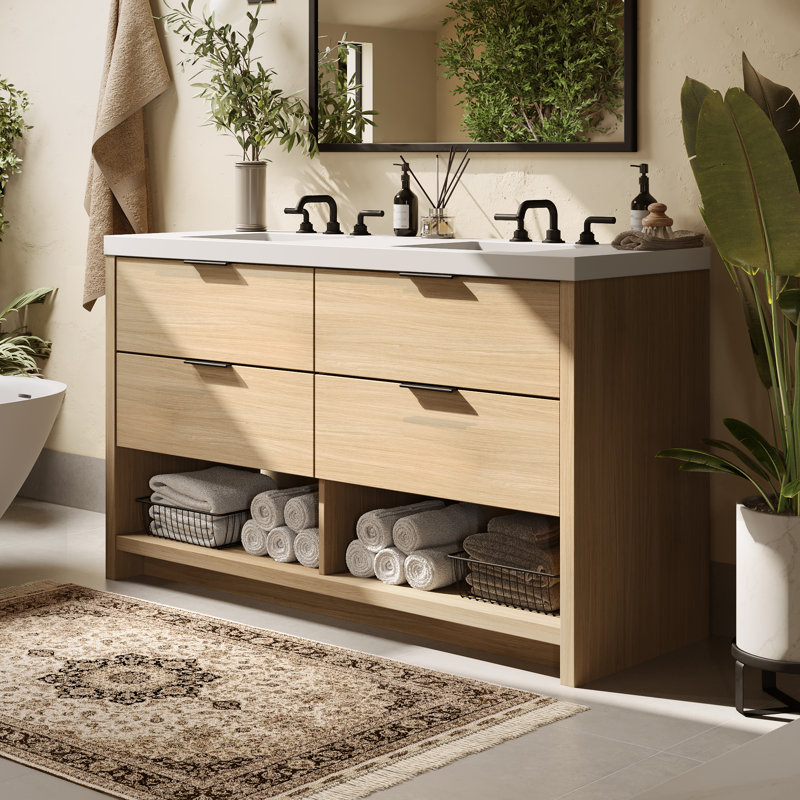 Vue 72" W Freestanding Double Bathroom Vanity, Biondo, Matte Black, Matte White/Single