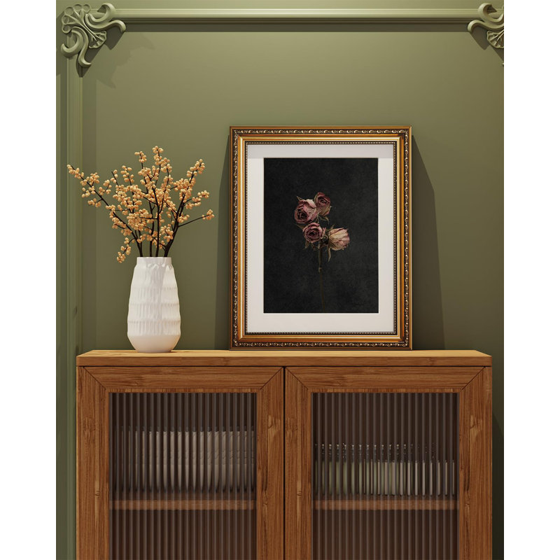 Vintage Gold Framed Wall Art, Retro Dark Dried Rose Paintings, Floral Canvas Prints Artwork with Antique Frame, Victorian Wall Picture Decor for Room Gallery Living Room 13x16 inch