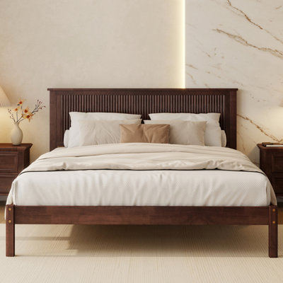 Queen Size Solid Rubber Wood Bed with Wave-Styled Headboard,Central Support Beams and Reinforced Platform Feet