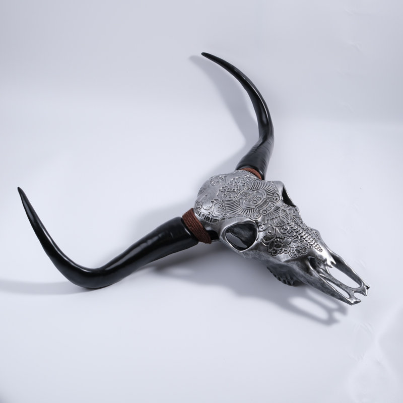 Maryona Bone-Inspired Bull Head Hanging Ornament in Resin Craft, Antique Silver