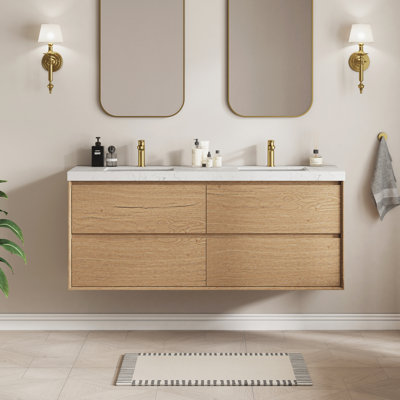 Pre-Assembled Wall Mounted Floating Bathroom Vanity In Natural Oak, Double Sinks With Engineered Marble Top