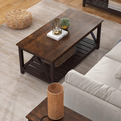 Table basse Farmhouse, table de salon rustique vintage avec tablette