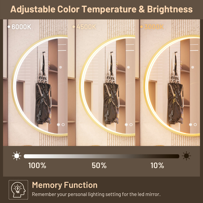 Fantina Round 3 Color Adjustable LED Metal Framed Wall Mirror with Anti-fog, 32" x 32", Gold