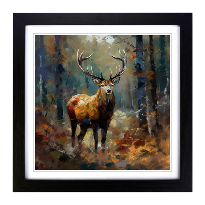 Stag In A Forest Expressionism - Framed Print