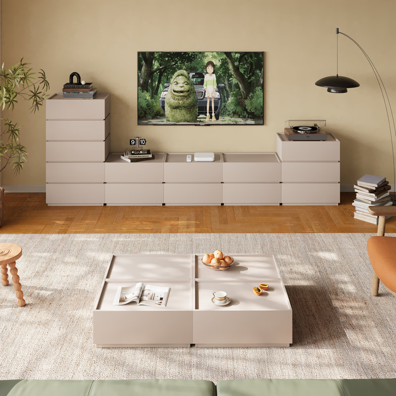 Heckman Modern Modular Light Oak TV Stand With 14 Drawers, Modular Assembly, Beige