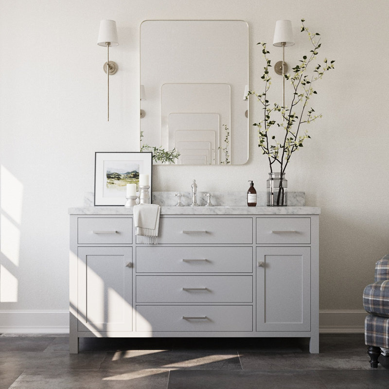 Abbate 60" Single Bathroom Vanity with Carrara White Marble Top, Gray, Oval