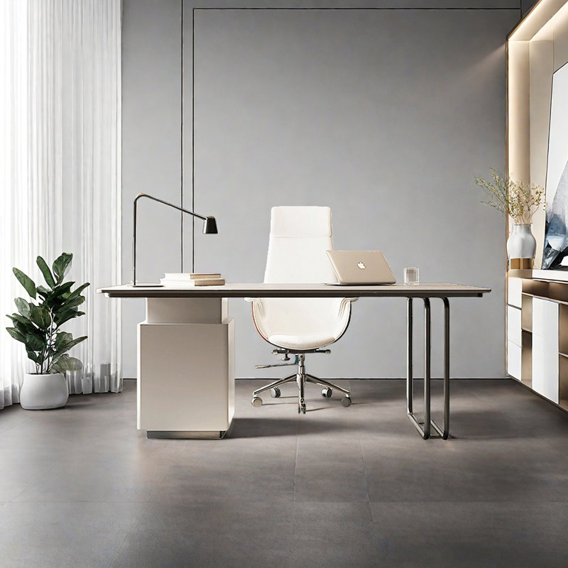 Bureau en pierre frittée avec tiroirs, Blanc / Gris, H 28,74 po x l 55,12 po x P 27,56 po