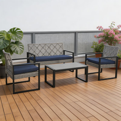 Ensemble de mobilier d'extérieur moderne 4 pièces avec plateau en bois d'acacia, coussins bruns et beiges pour balcon, porche, jardin et cour