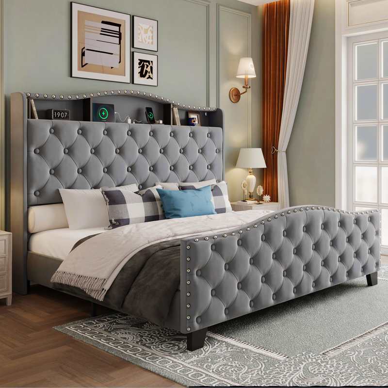 Lit plateforme capitonné capitonné avec lumière, Grand lit, gris