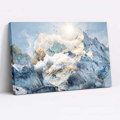 «Snowy Mountain Peaks With Golden Sun and Birds», art mural