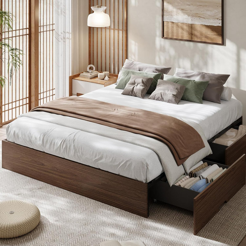 Full Wood Platform Bed Frame with 2 Storage Drawers, No Box Spring, Full, Brown