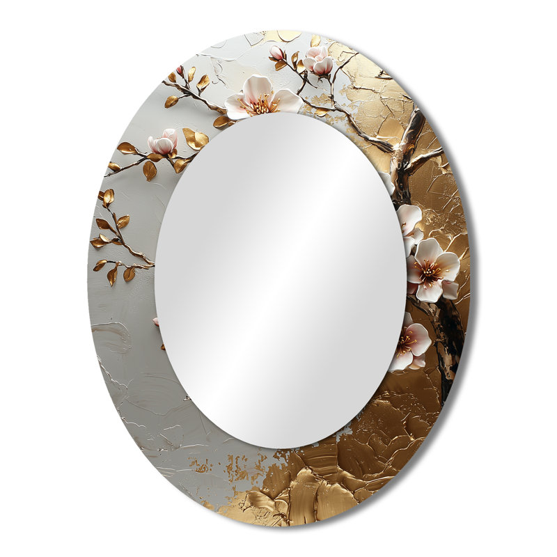 Cerisier rose et doré au bord du lac IV - Miroir décoratif floral ovale sur métal, 43 po x 33 po
