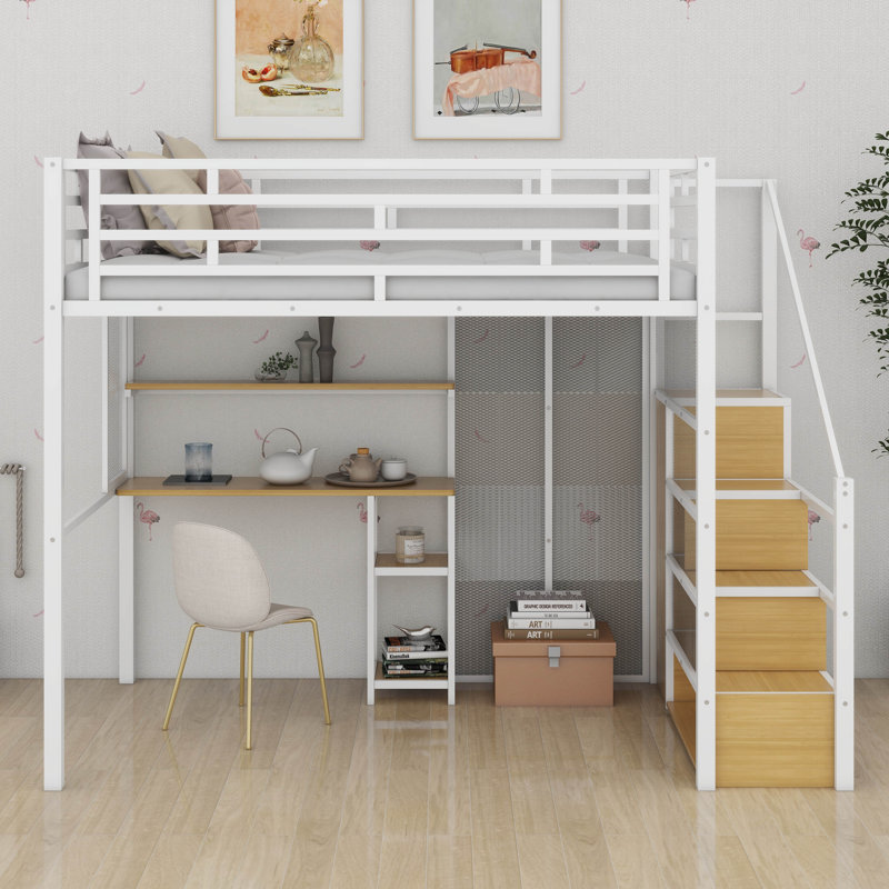 Lit mezzanine double en métal avec bureau pour garde-robe et tablettes de rangement pour économiser de l'espace, Blanc