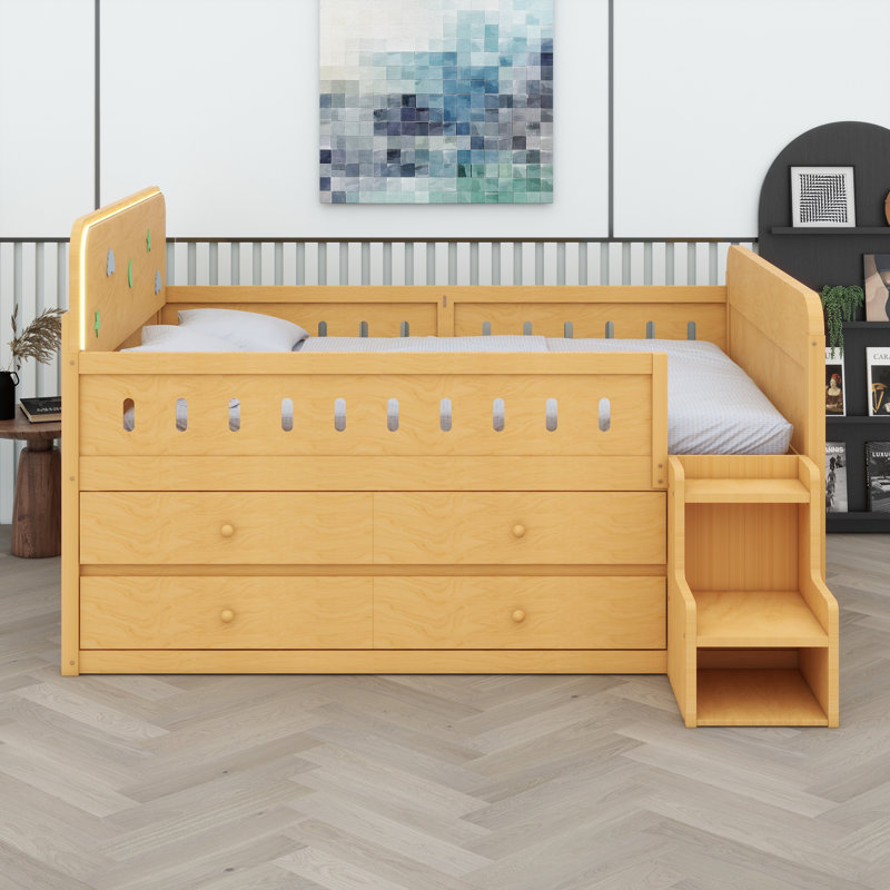 Lit en bois avec lumière DEL, tiroirs de rangement, Bois